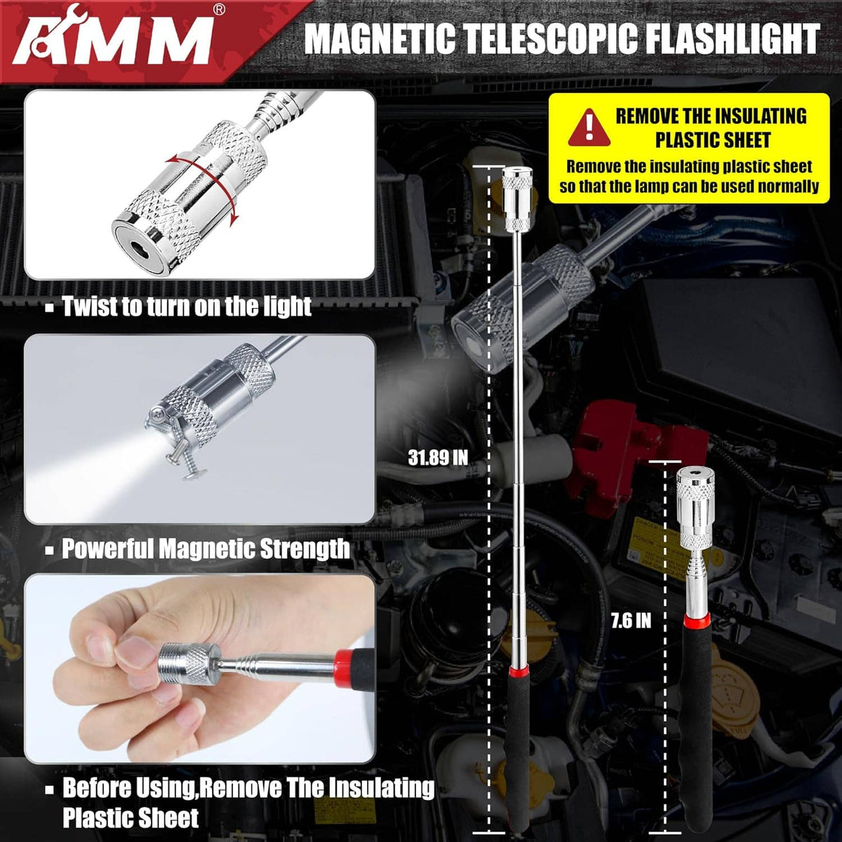 Magnetic telescoping flashlight tool with twist-on handle and insulator sheet