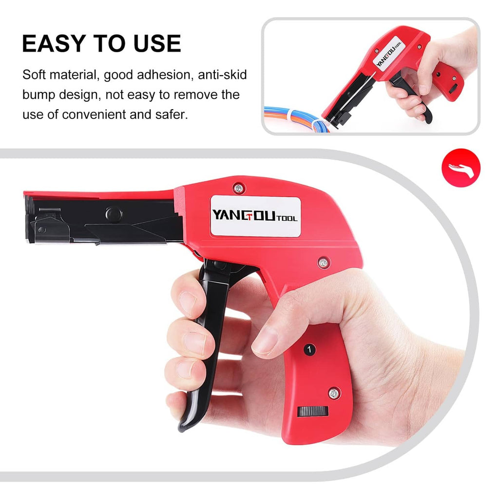 Ergonomic cable tie gun held in hand, red body with black trigger handle