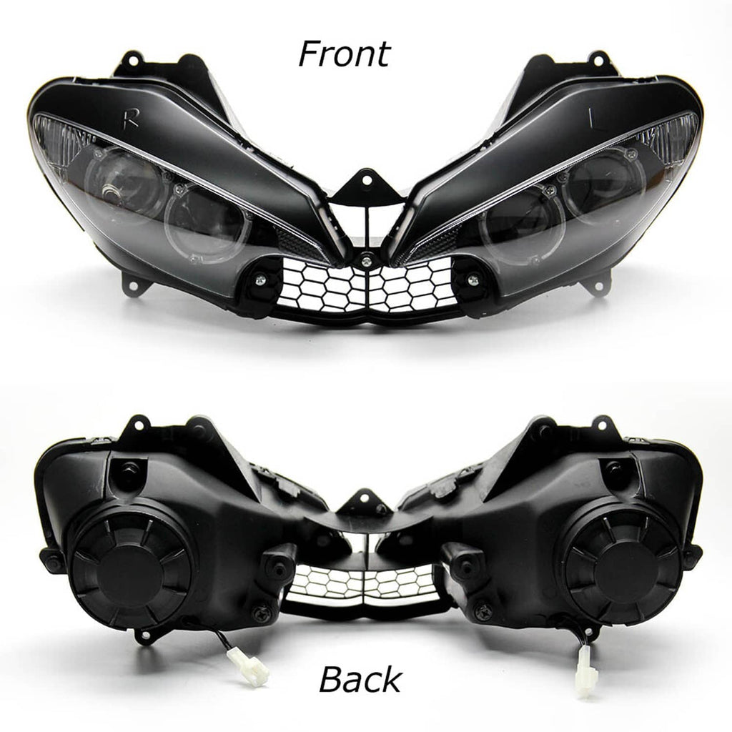 Black motorcycle headlight cowl from front and back views with honeycomb grille