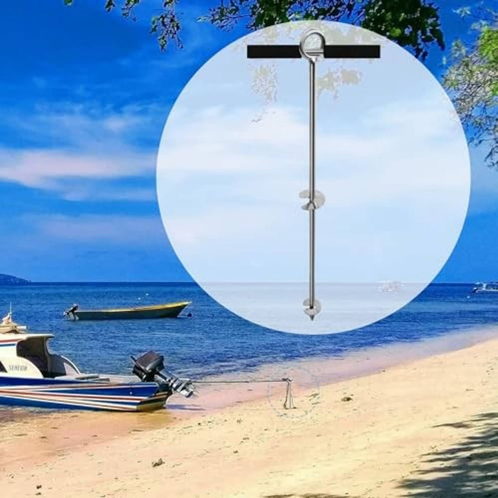 Stainless steel sand anchor screw in sand with blue rope attached