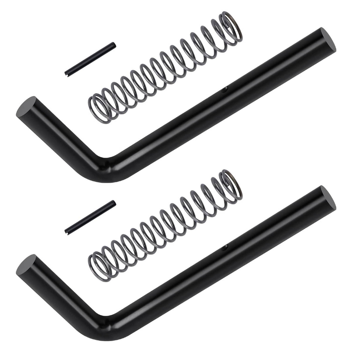 Trailer gate spring latch kit set: two black U brackets with coil springs and pins