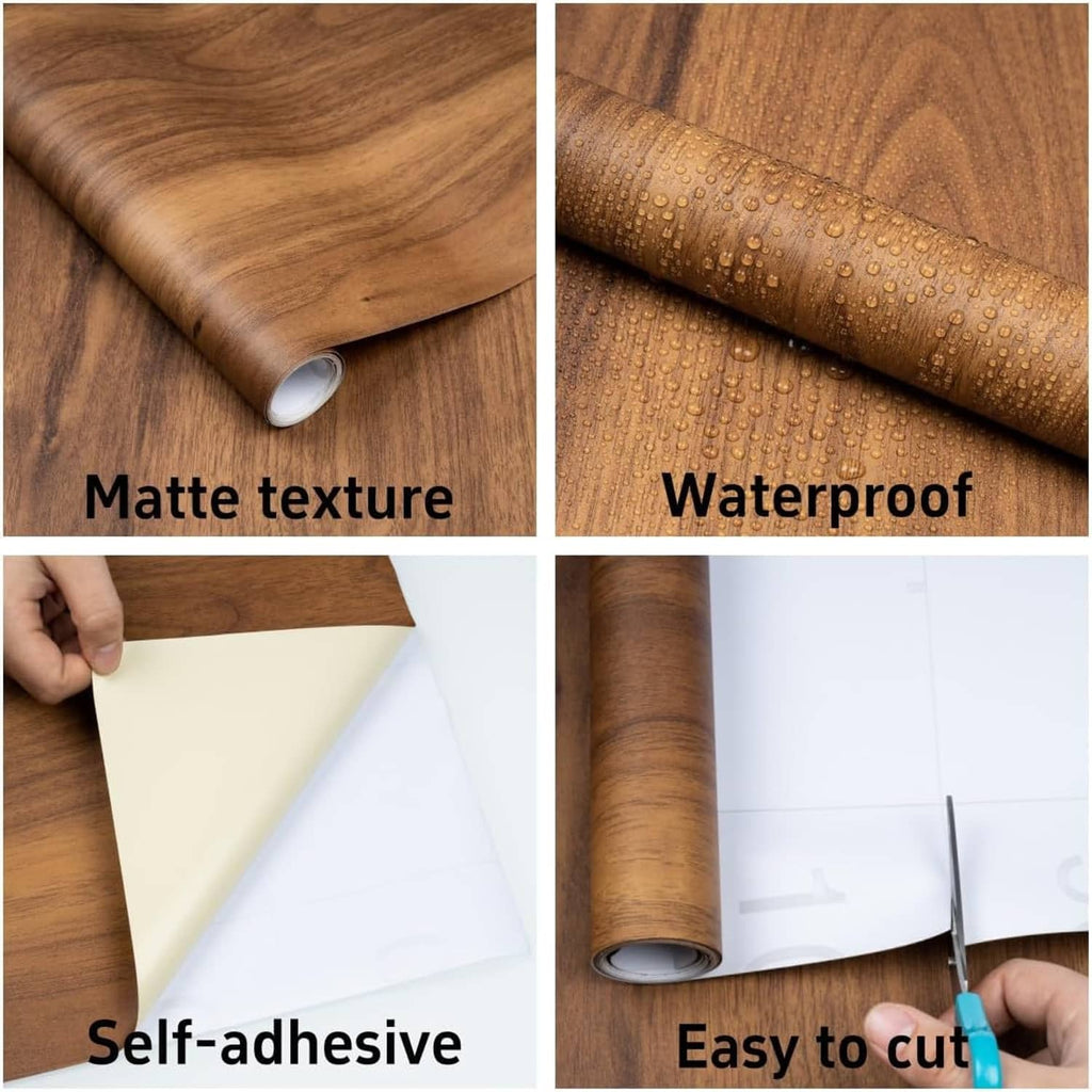 Brown wood grain contact paper roll showing matte texture and a waterproof surface