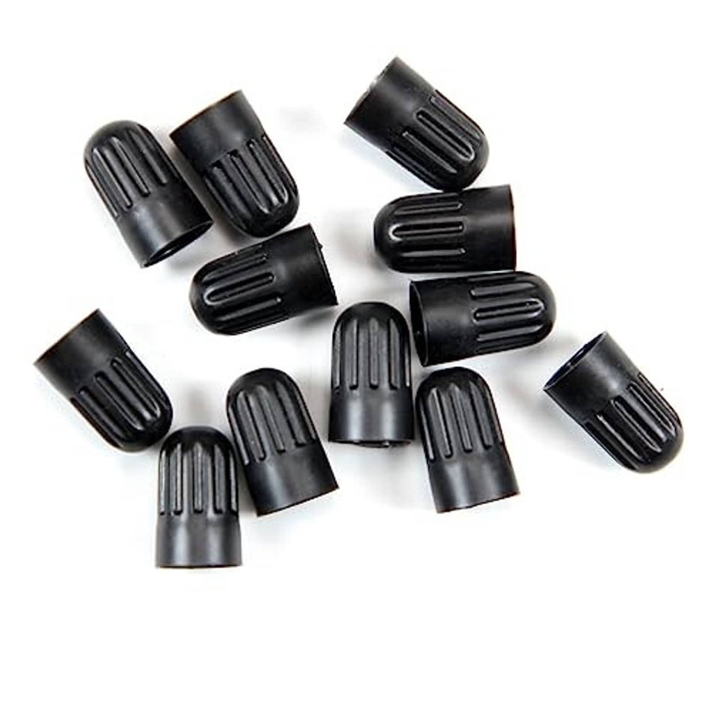 Black long tire valve stem caps, grouped on a white background