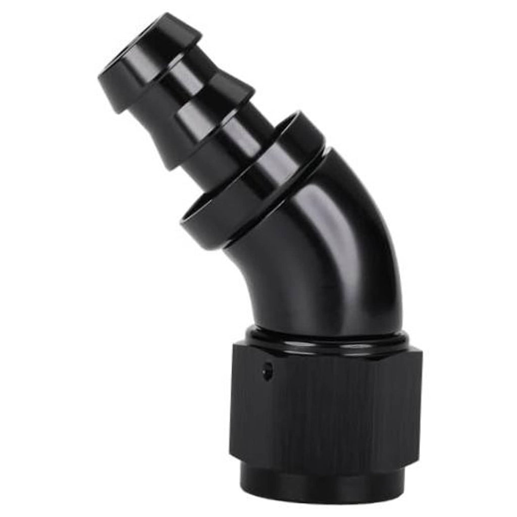 Black 45-degree push-lock hose elbow fitting with barbed end
