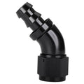Black 45-degree push-lock hose elbow fitting with barbed end