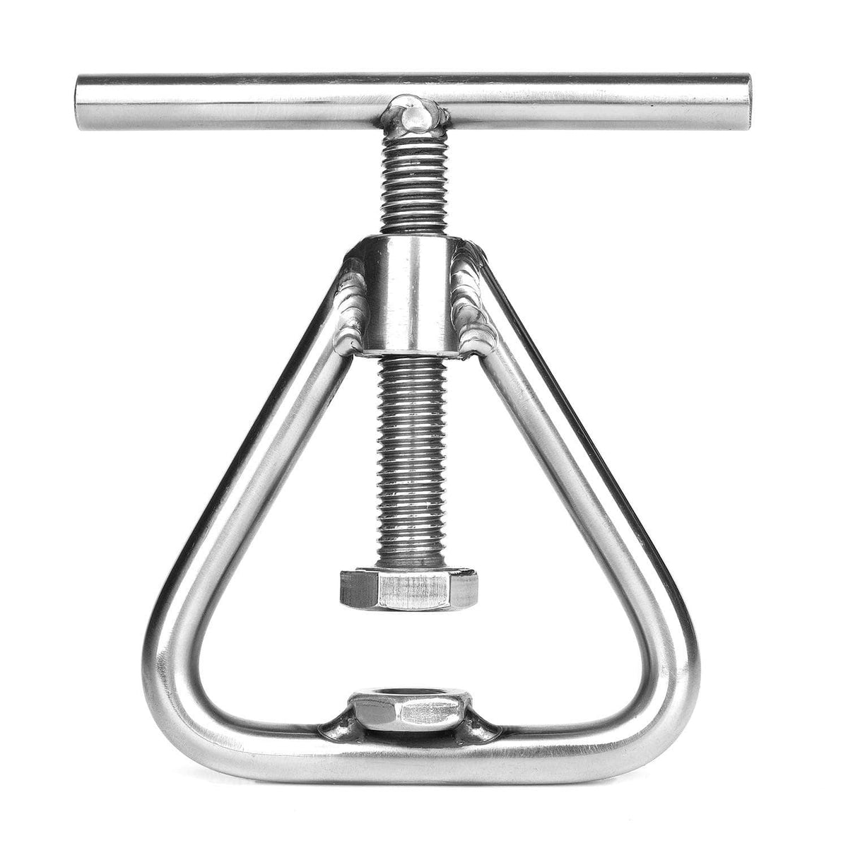 Stainless steel nut cracker with U-shaped jaws and central threaded screw