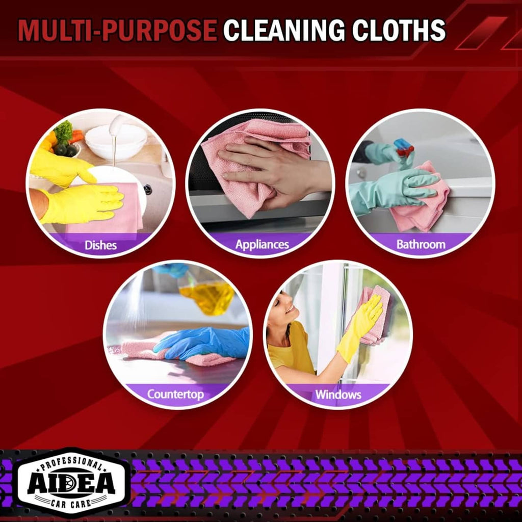 Pink multi-purpose microfiber cleaning cloths shown for dishes, appliances, and windows