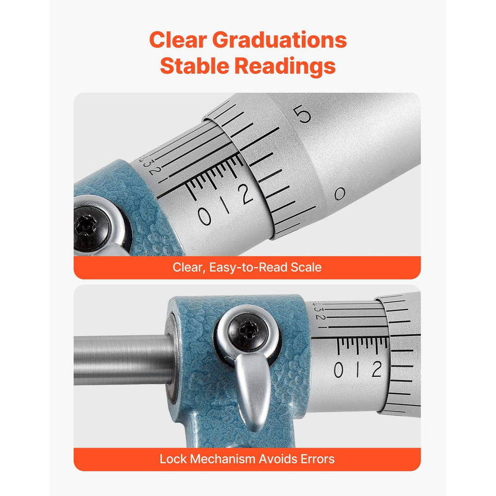 Outside micrometer barrel with clear graduation scale and lock mechanism