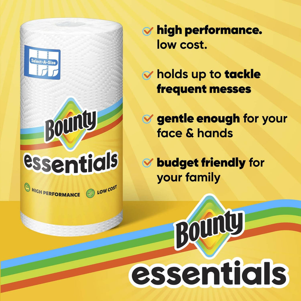 White paper towel roll with blue Select-A-Size label and Bounty essentials branding