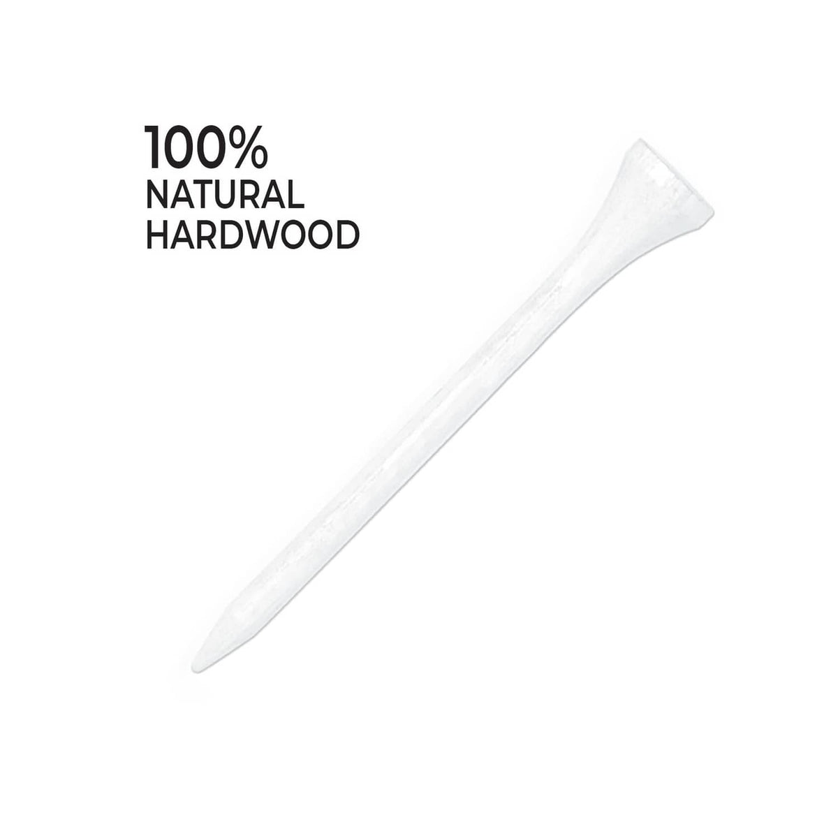 Single white golf tee made from natural hardwood, length shown on package.