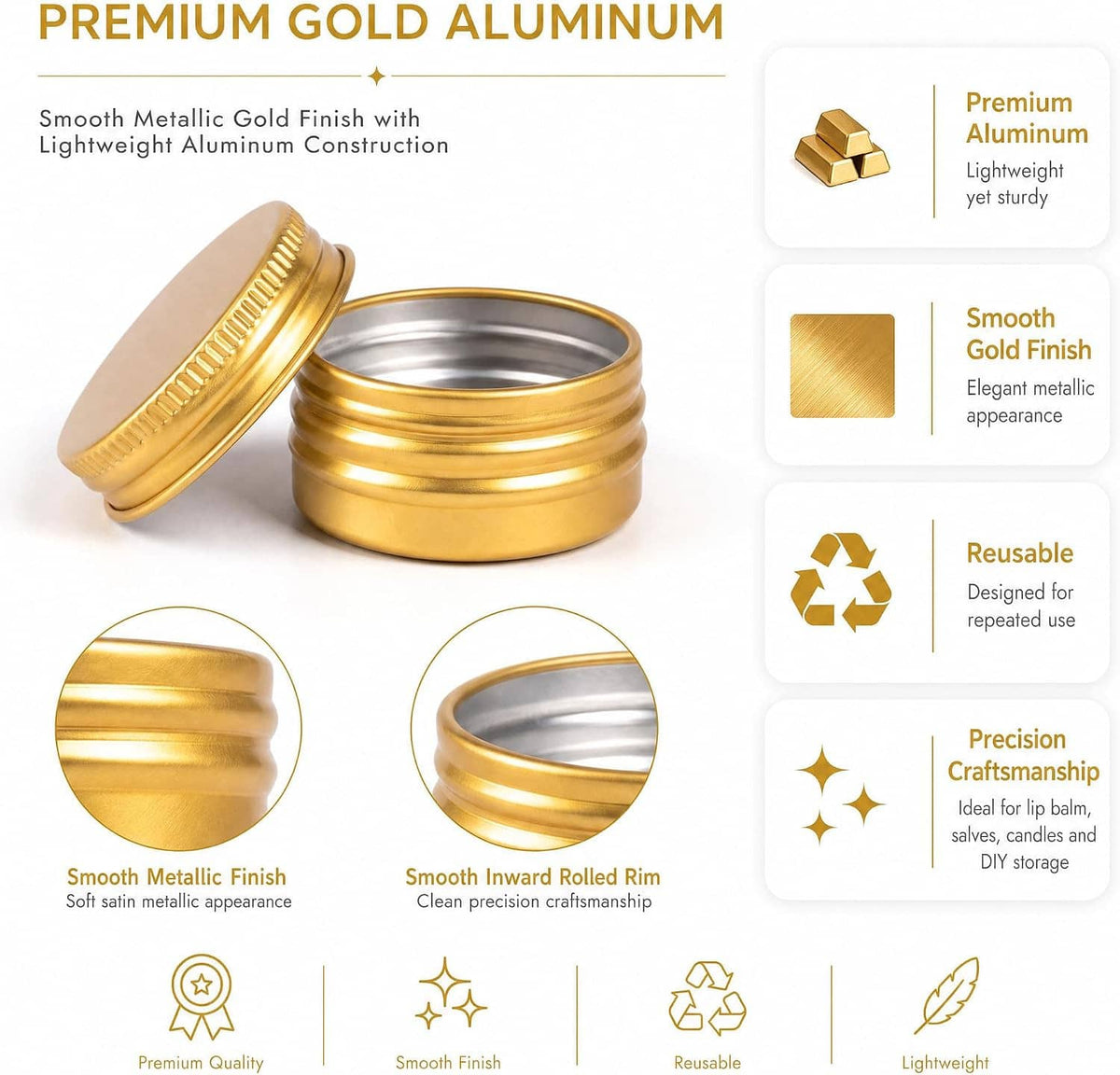 Gold aluminum tin with smooth finish and open lid showing brushed interior