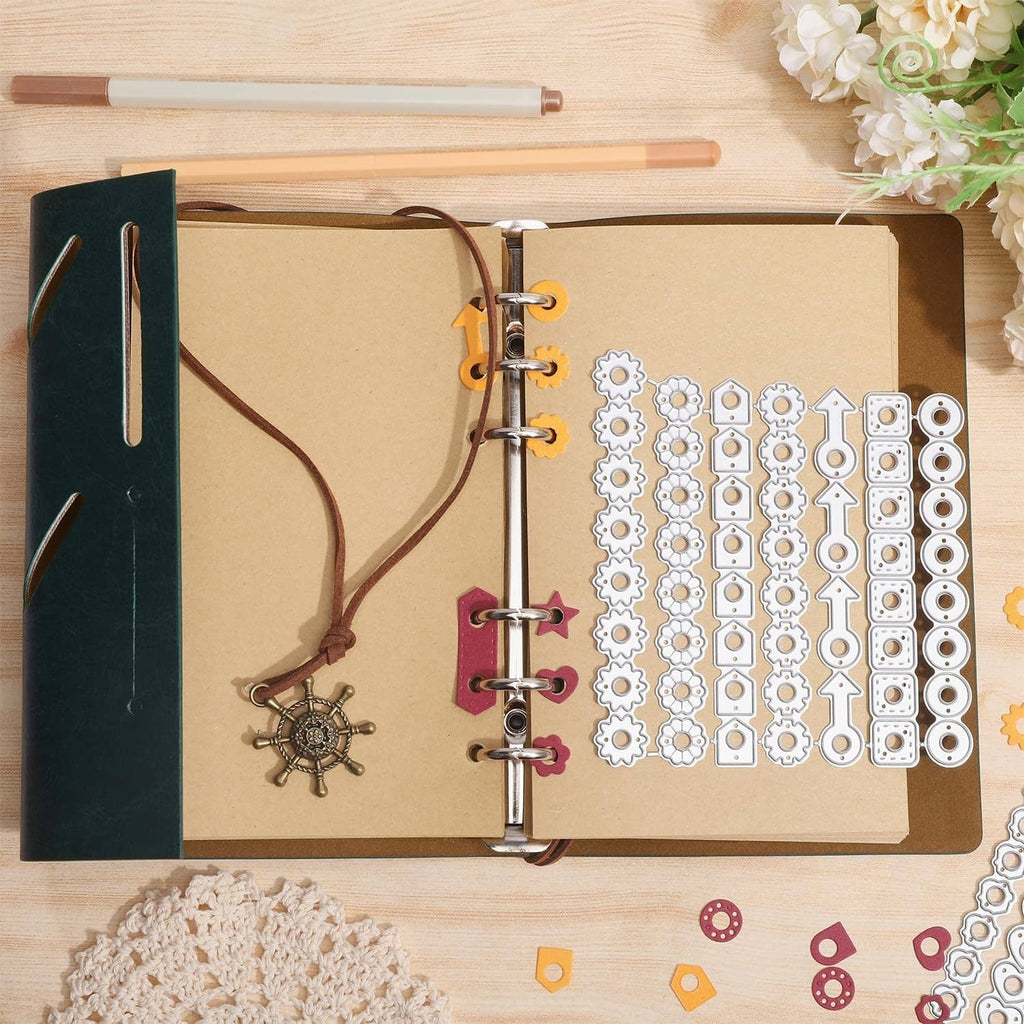 Page tab hole reinforcement dies arranged on an open binder with mixed tab shapes