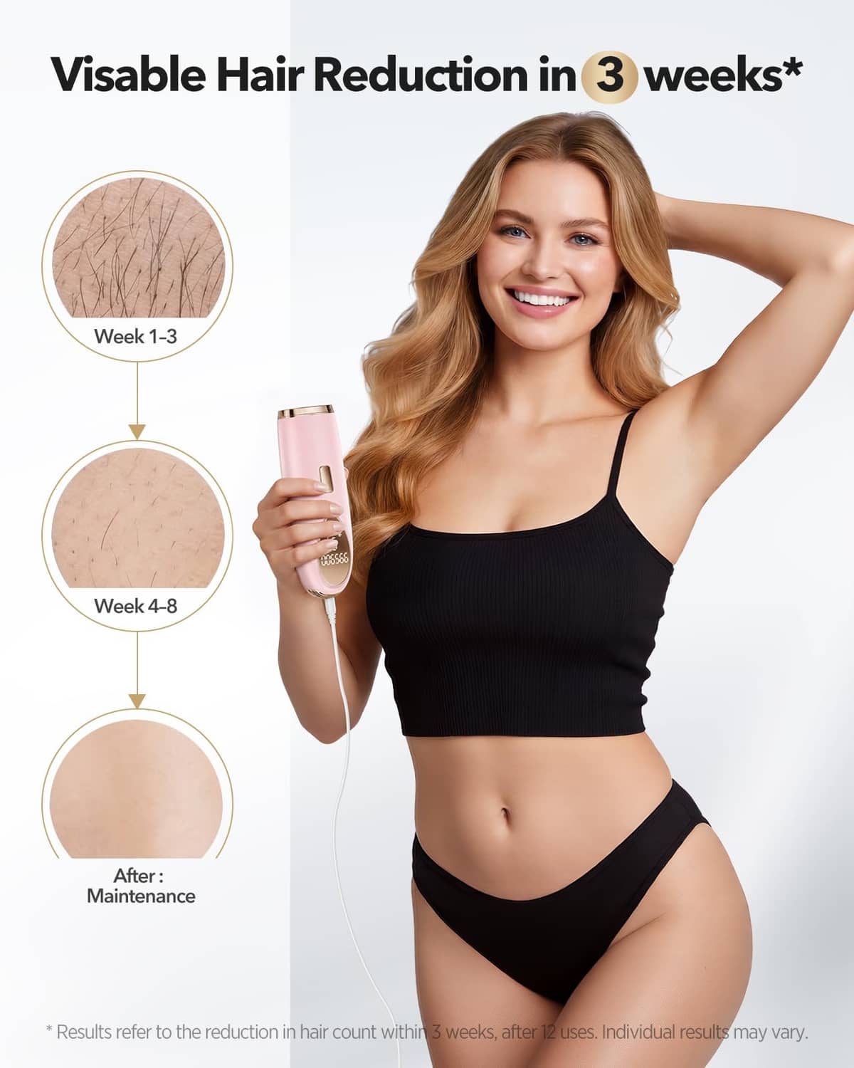 Pink IPL laser hair removal device with gold-trimmed window on the head.