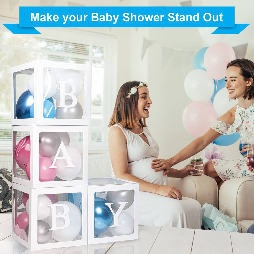 White 4-cube balloon display stand with clear windows and BABY letter cutouts