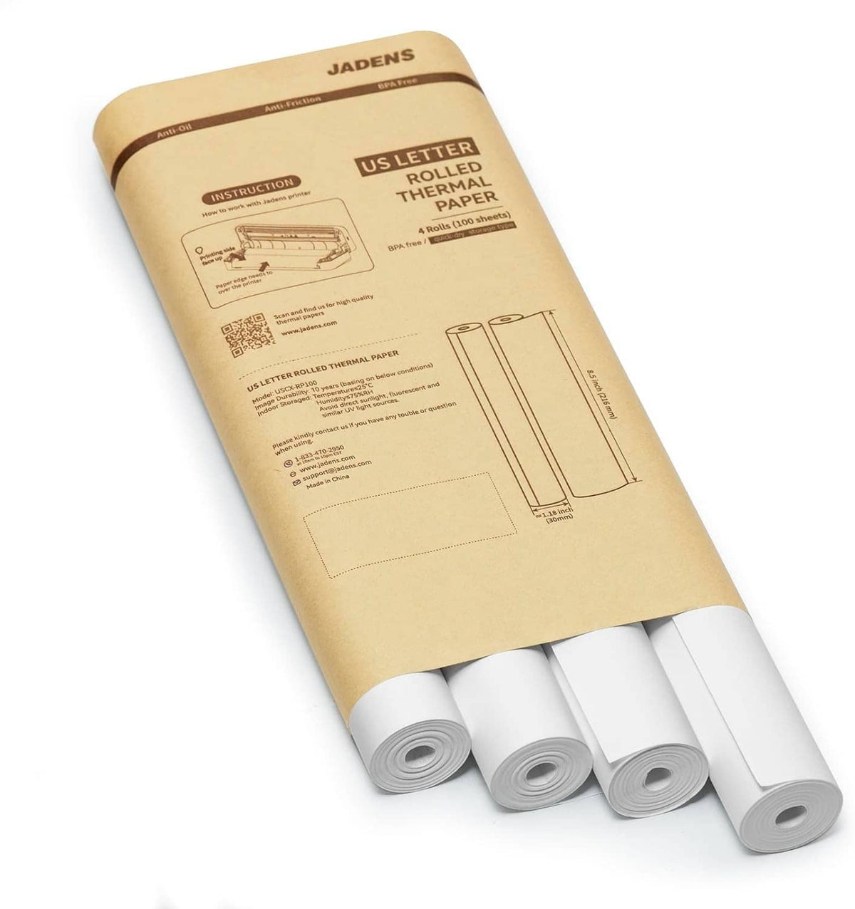 US Letter thermal paper rolls, JADENS package with four roll spools