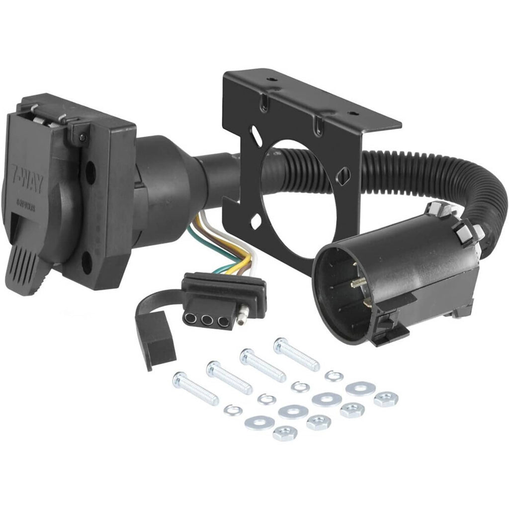 Complete 7-way trailer wiring harness kit with mounting bracket, connector, and mounting bolts