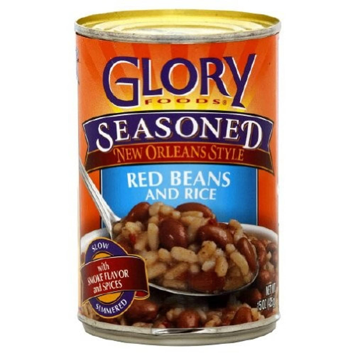 Glory Foods seasoned red beans and rice can, New Orleans style label, 15 oz