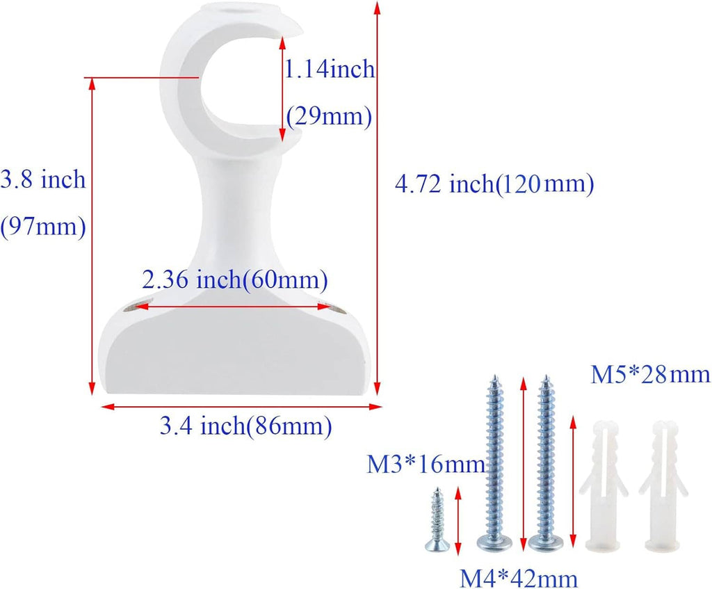 White curtain rod bracket with screw holes and hook end for curtain mounting