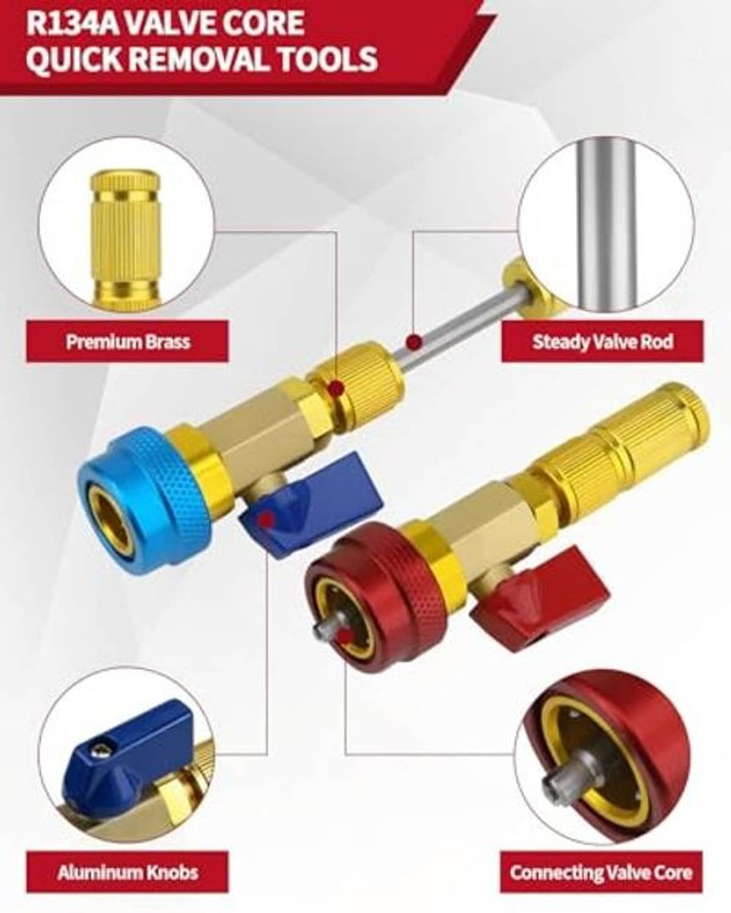 AC valve core quick removal tool with brass body, blue and red knob pieces, and valve rod
