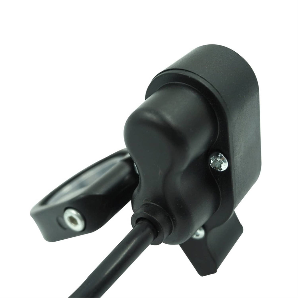 Motorcycle switch side view with black body, mounting screw, and cable connector