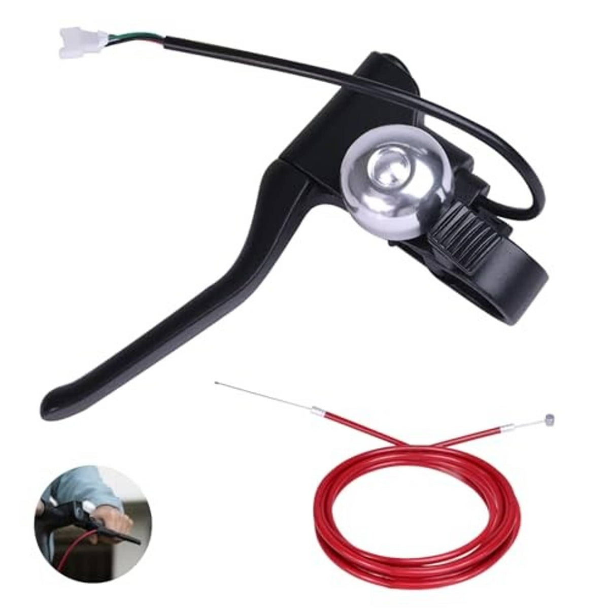 Close-up black brake handle lever with bell light, red brake cable coil included