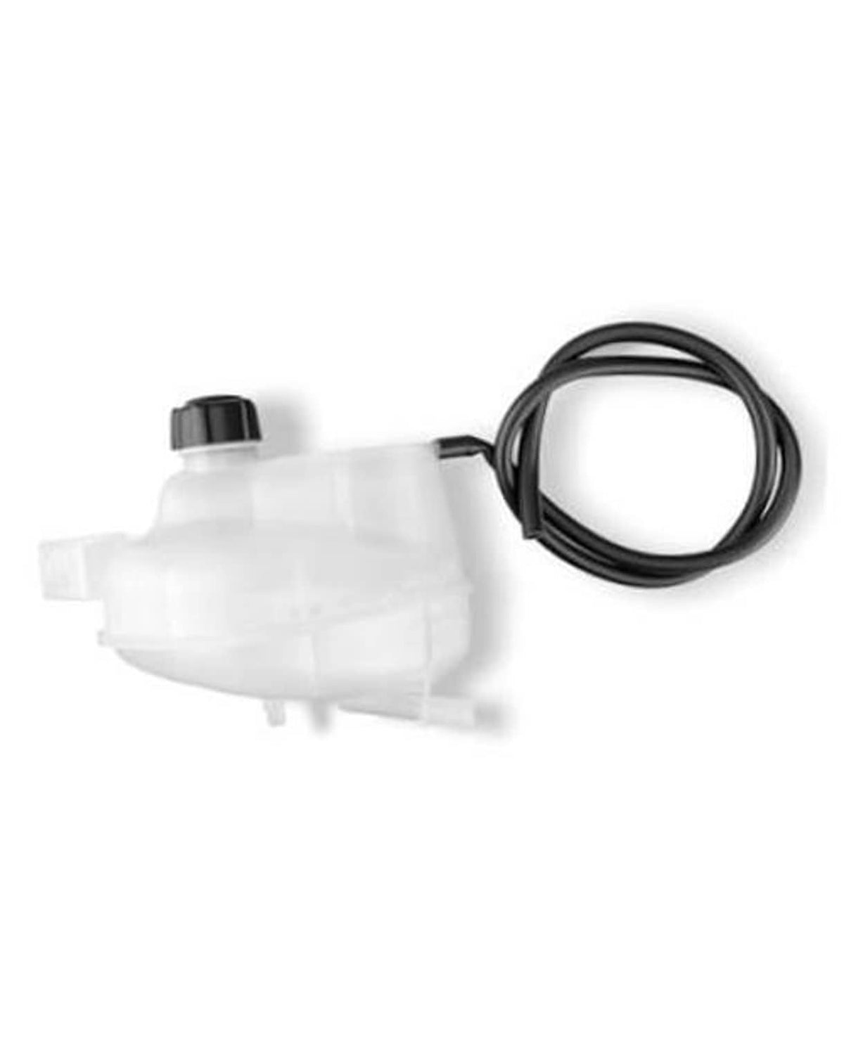 White engine coolant reservoir tank bottle with black cap and attached hose loop