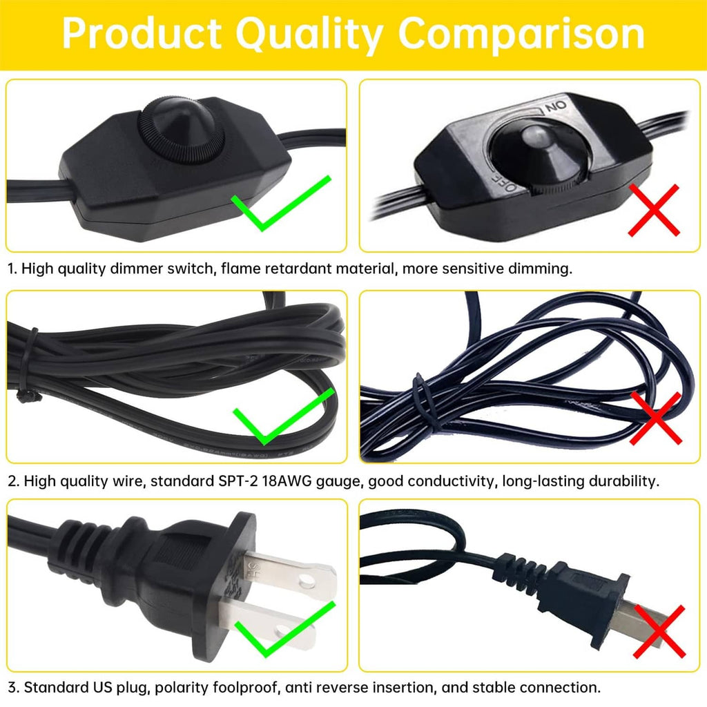 Cord replacement product quality comparison showing dimmer switch, wire, and plug details