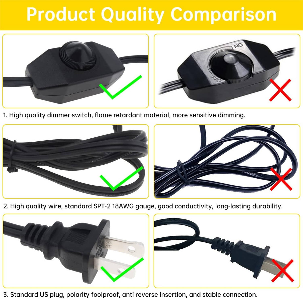 Cord replacement product quality comparison showing dimmer switch, wire, and plug details