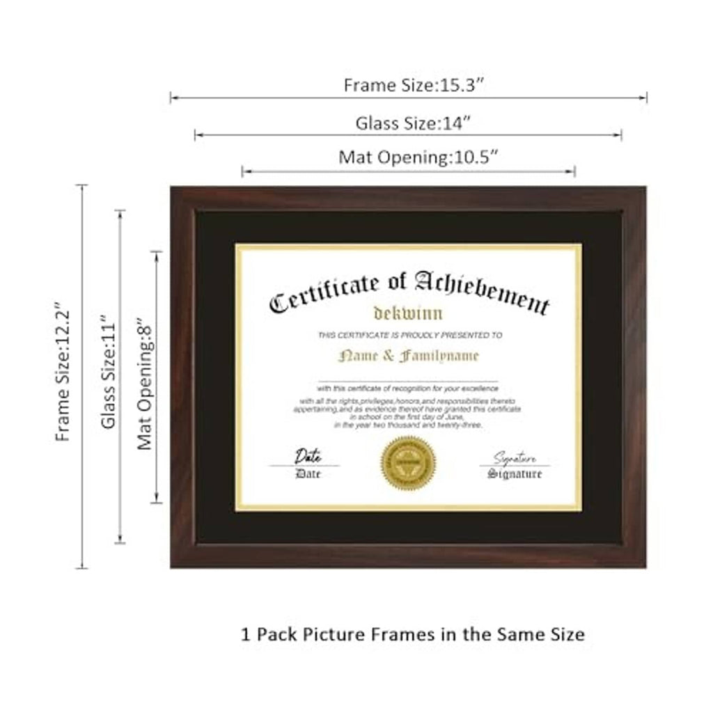 Walnut diploma frame with black mat and gold inner border, certificate centered behind glass