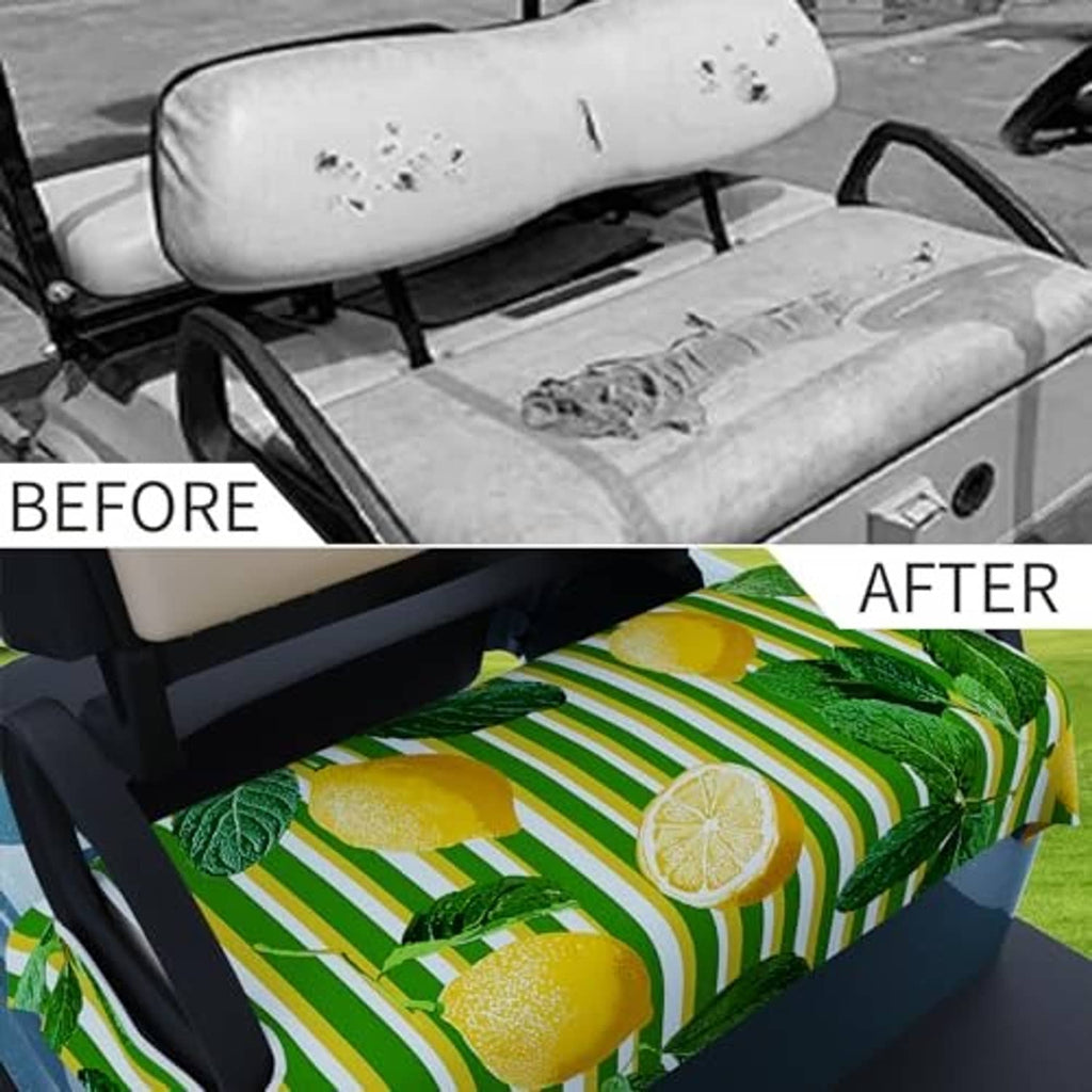 Golf cart bench seat cover in lemon stripe pattern, before-and-after comparison