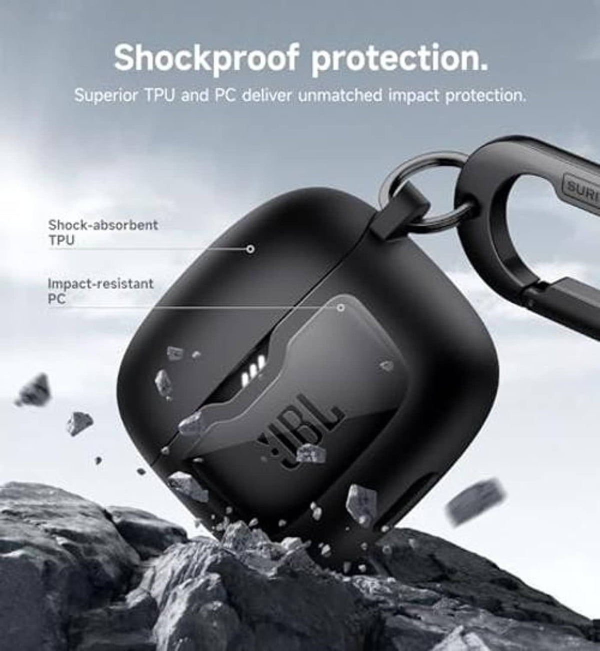 Shockproof black JBL earbuds bumper case with keyring and reinforced shell