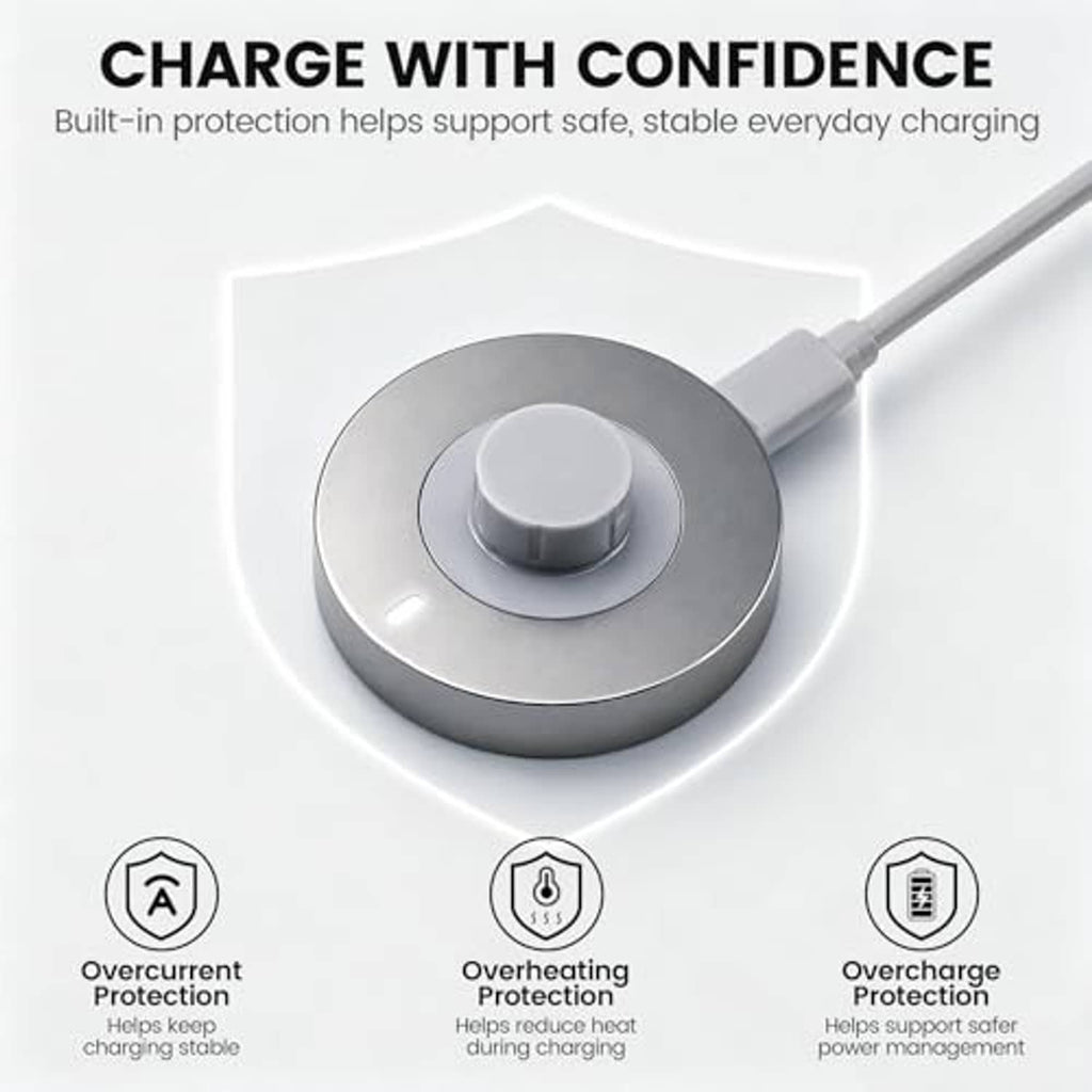 Smart ring charging dock with shield icons and gray base, USB-C cable