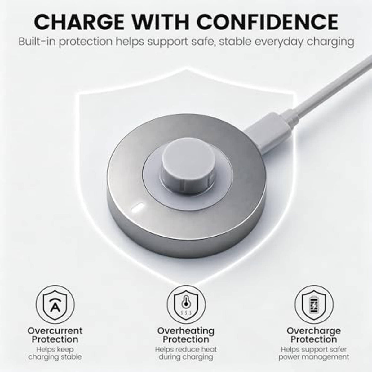 Smart ring charging dock with shield icons and gray base, USB-C cable