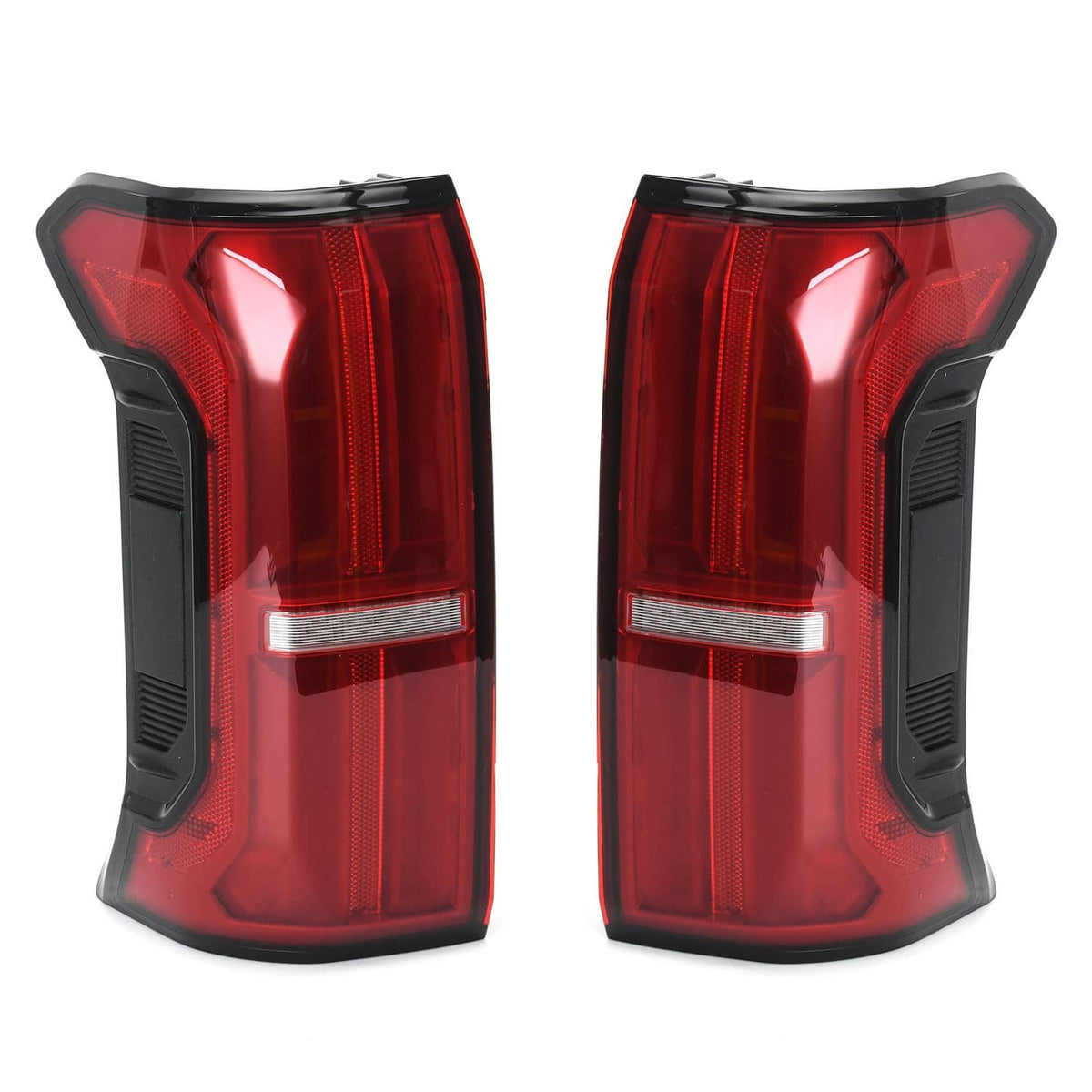 Left and right rear tail lights with red lenses and white strip reflectors, black sides