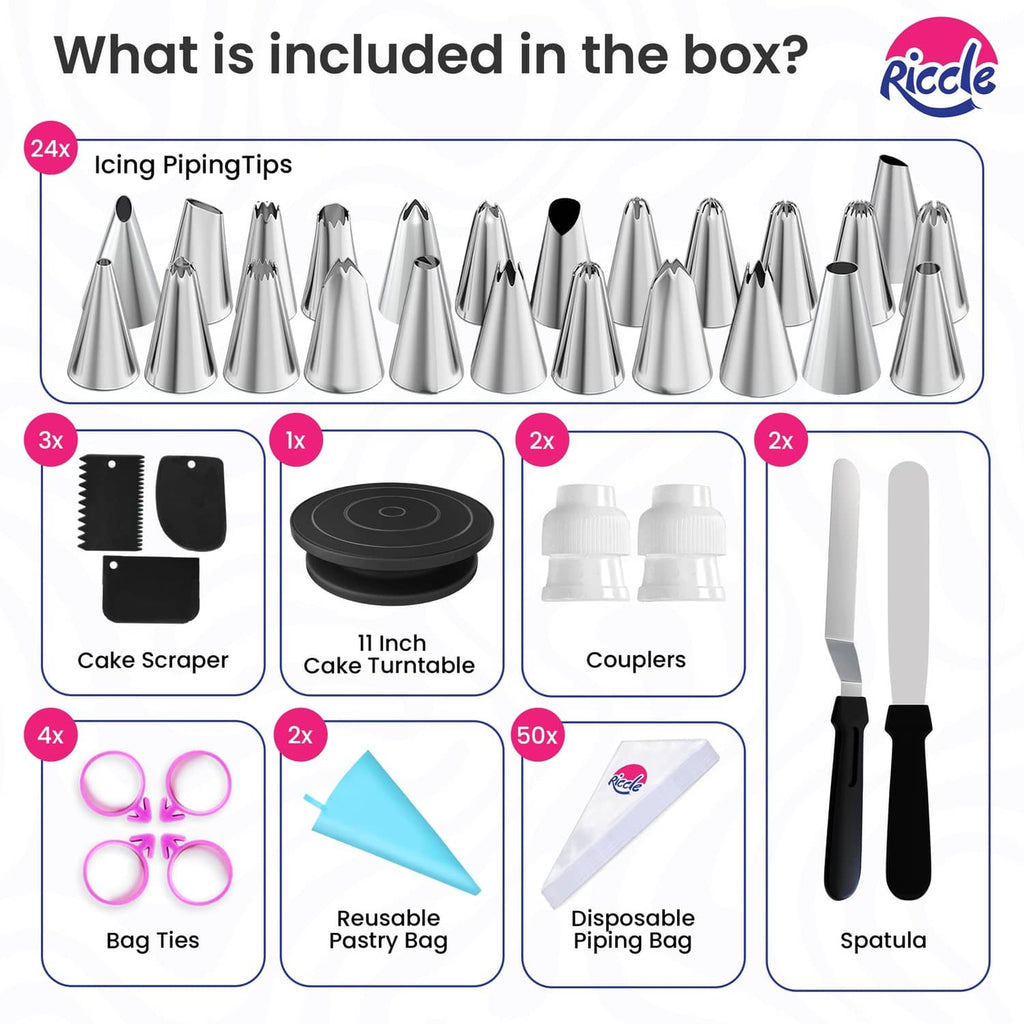 Cake decorating kit contents: metal tips, cake scraper, couplers, piping bags and spatulas