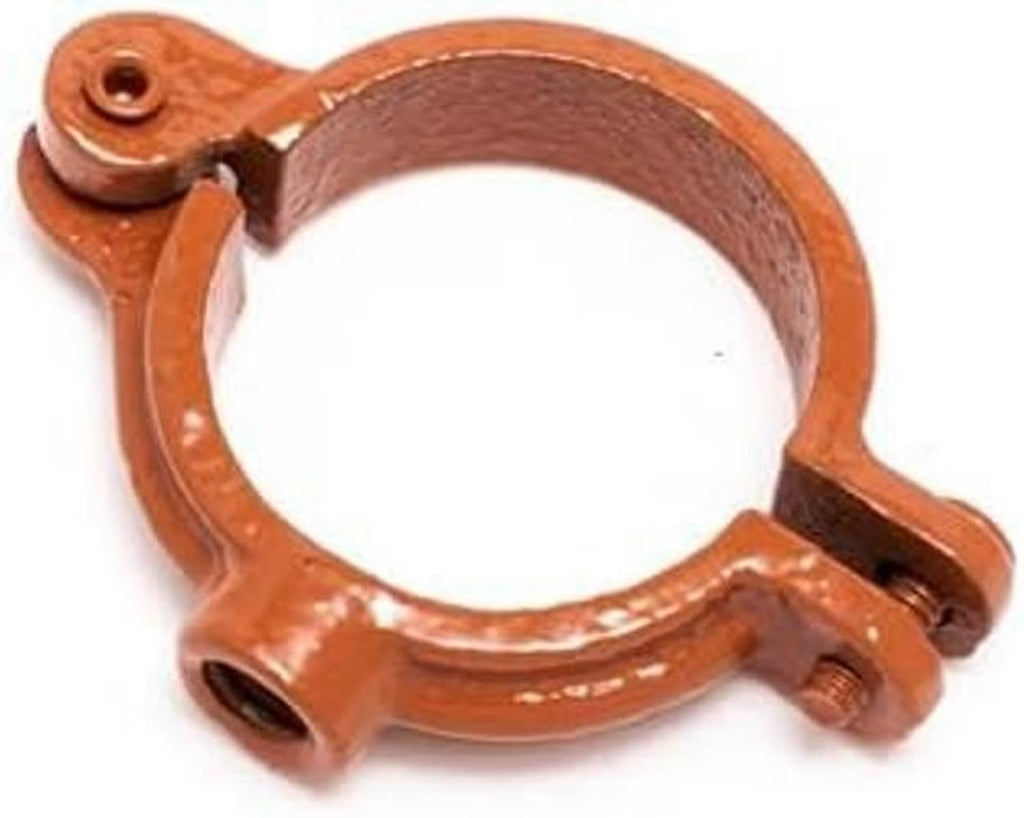 Copper epoxy hinged split-ring pipe hanger, curved open ring with side lock plate