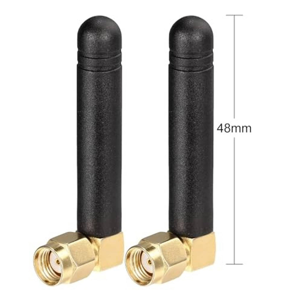 Dual-band antenna with black rods and gold right-angle RP-SMA male connector, 48mm height