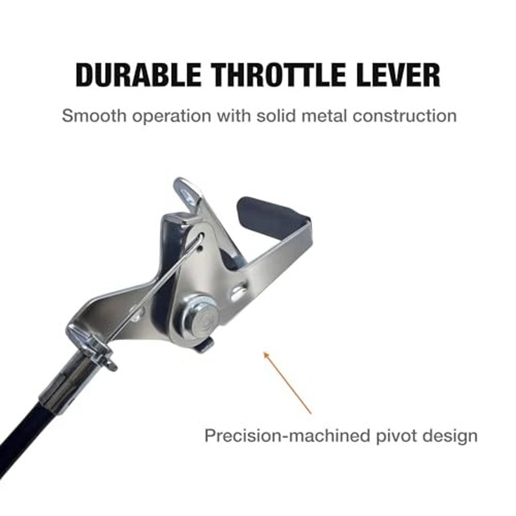 Metal throttle lever with black grip and pivot arm for control cable