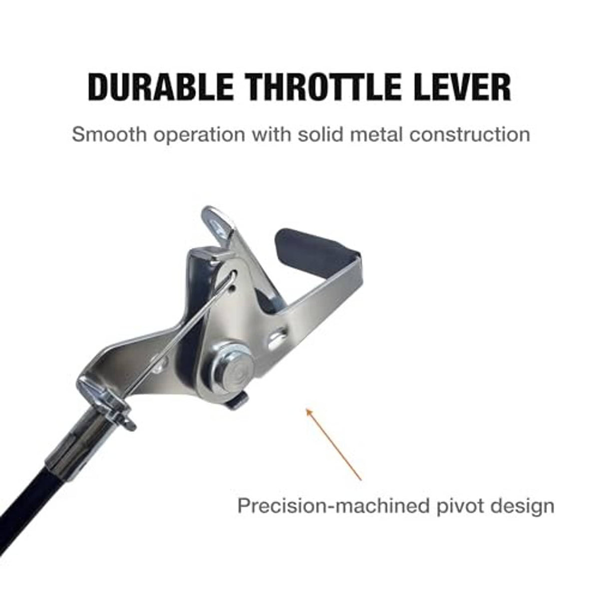 Metal throttle lever with black grip and pivot arm for control cable
