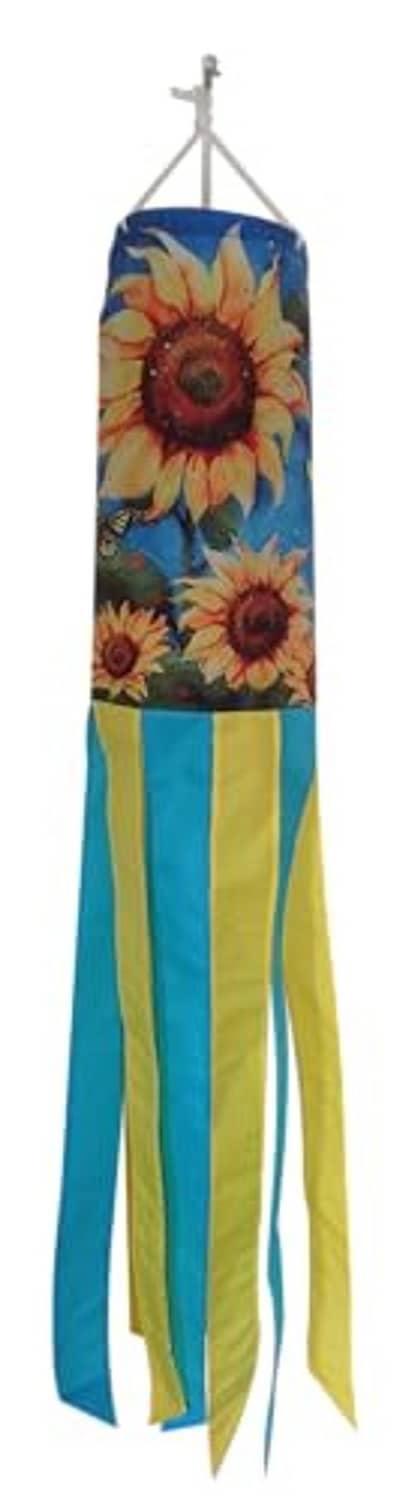 Sunflower windsock with layered floral prints and blue-and-yellow striped streamers