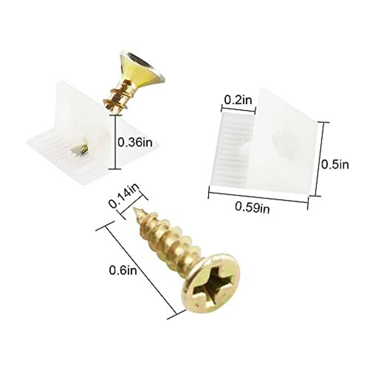 White wedge anchor with gold screw, shown with size dimensions