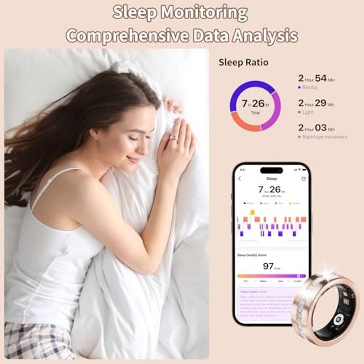 Smart ring with smartphone app showing sleep monitoring data for fitness tracking
