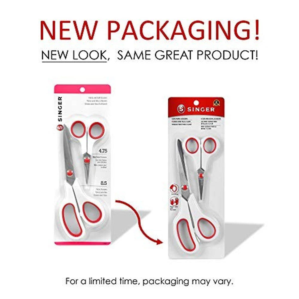Singer scissors set in retail packaging, red-and-white scissors with finger loops
