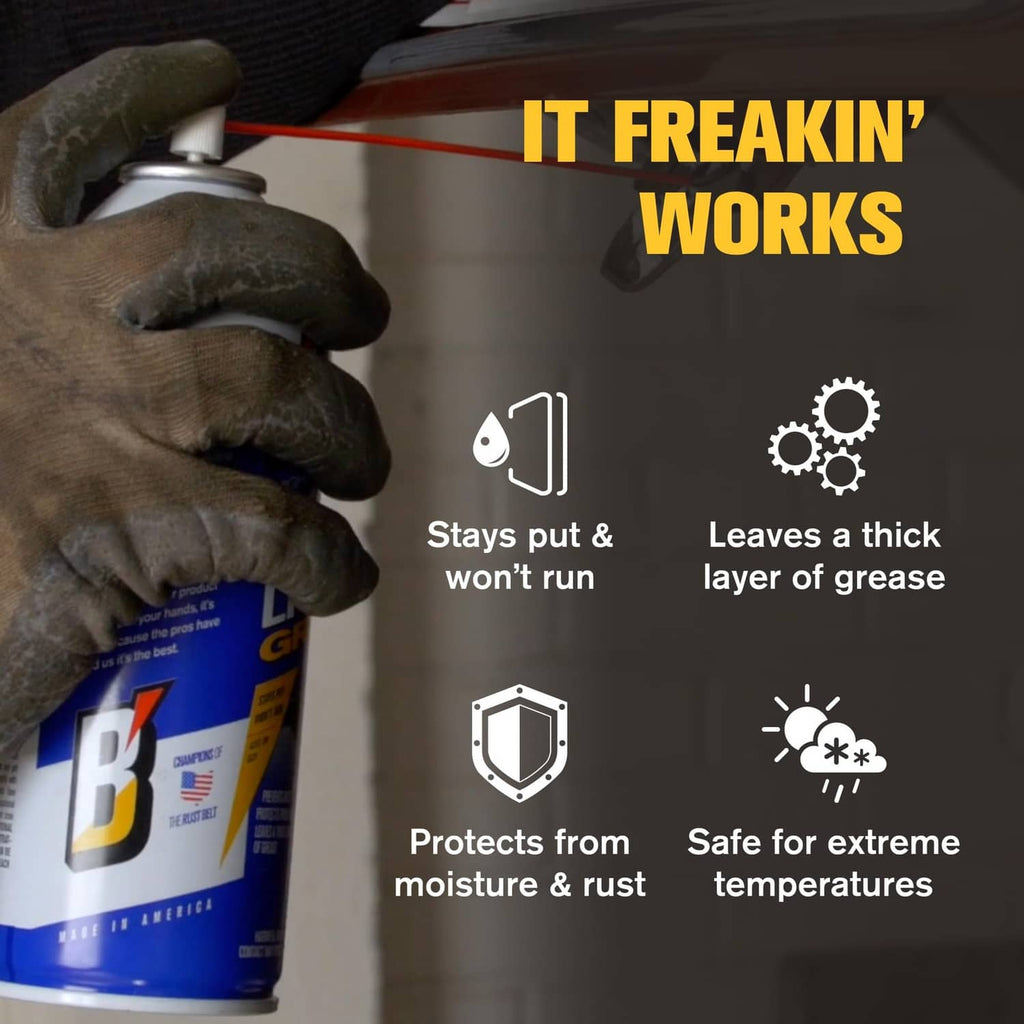 Gloved hand spraying white lithium grease from aerosol can onto metal surface