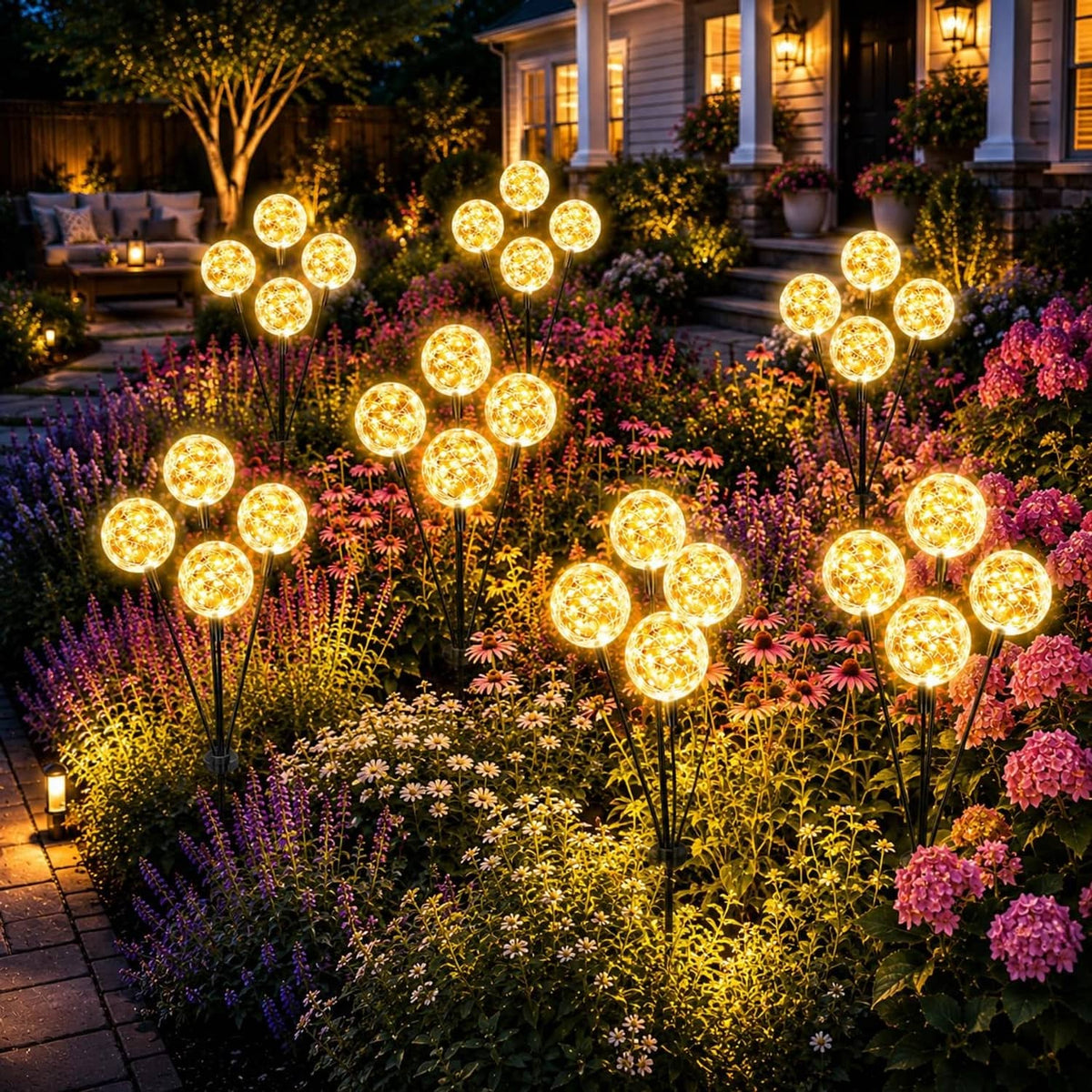 Warm white solar globe lights on black stakes, glowing among outdoor flowers