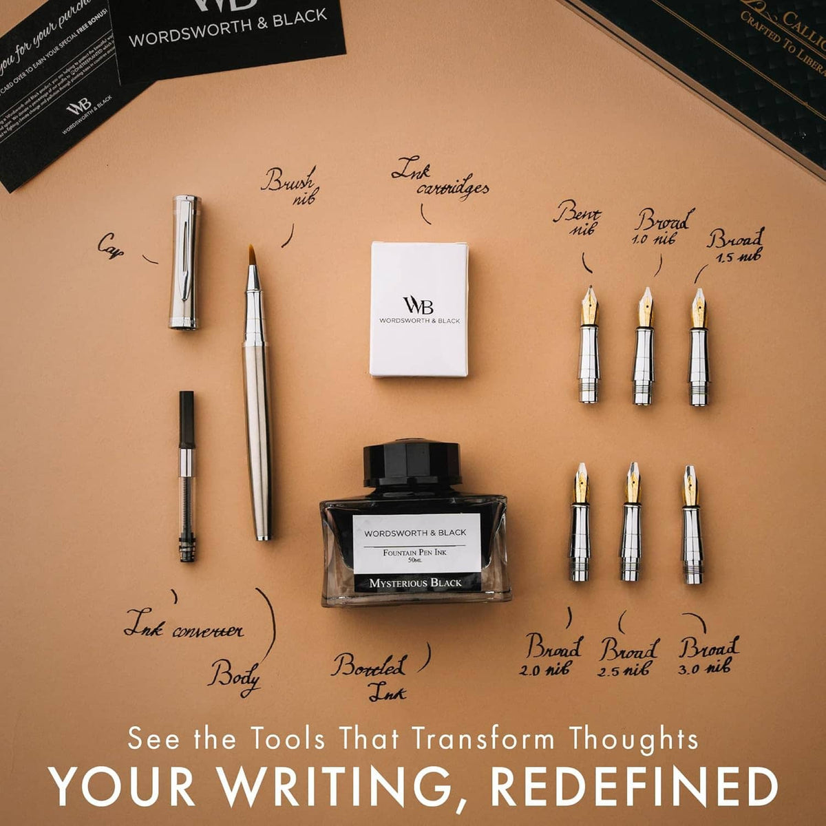 Calligraphy pen gift set with pens, cartridges, and ink bottle arranged for display