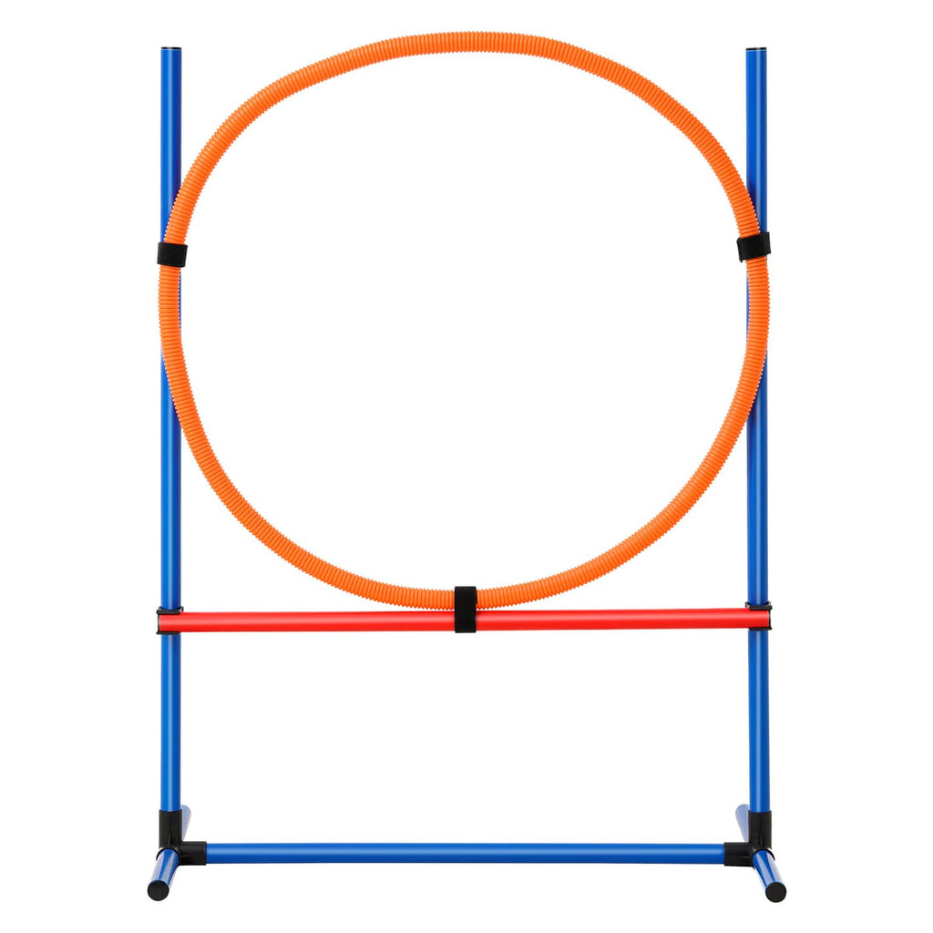Dog agility training hurdle with orange jump ring, blue frame and adjustable black connectors