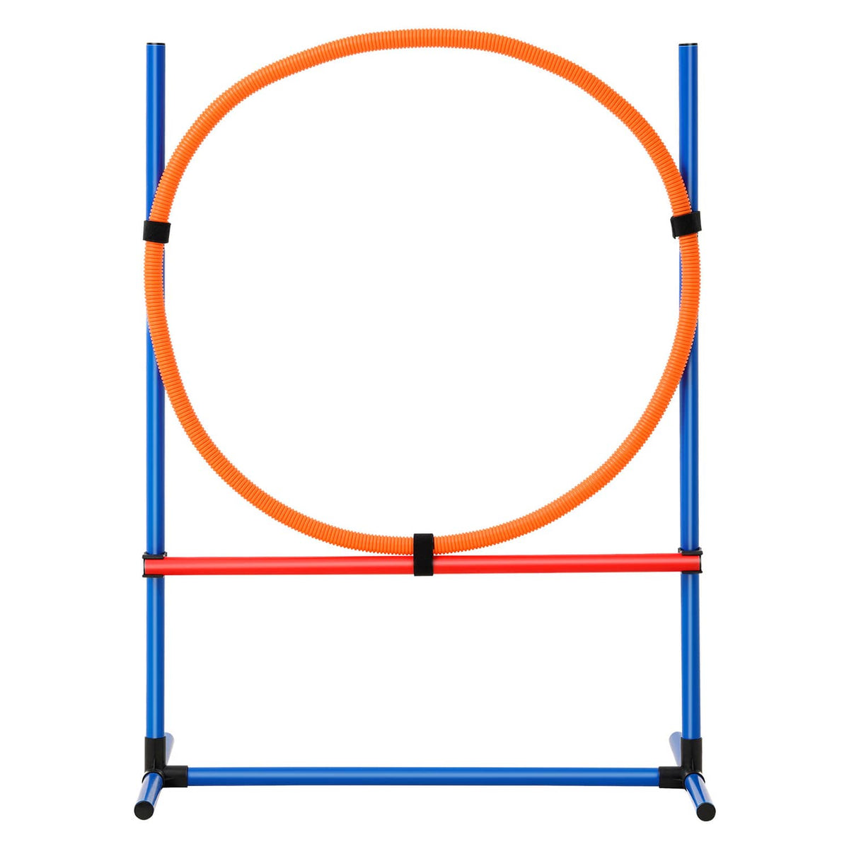 Dog agility training hurdle with orange jump ring, blue frame and adjustable black connectors