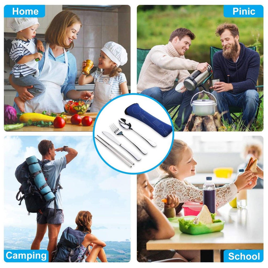 Portable cutlery set with blue pouch shown in inset circle