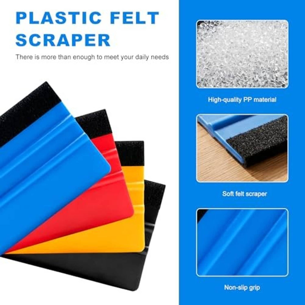 Plastic felt scraper squeegees in blue, red, yellow, and black with soft felt edge
